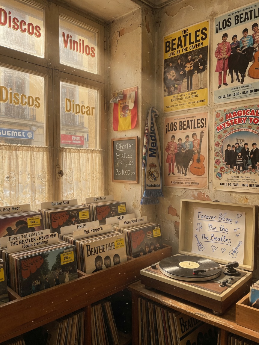 Sunlit vintage record shop with Beatles vinyl records and a turntable labeled Forever The Beatles