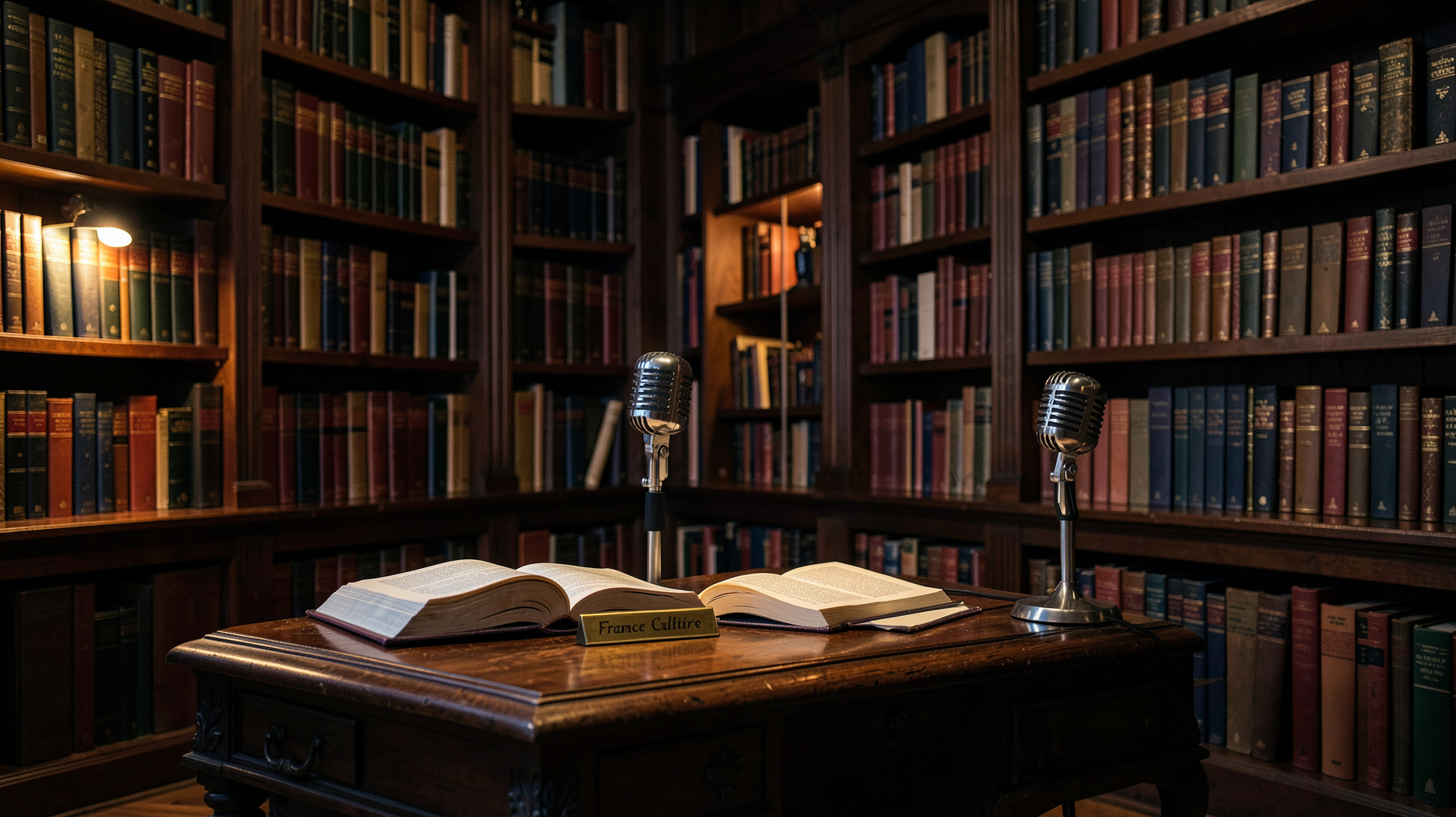 A Parisian library interior at dusk with a vintage microphone and a France Culture desk plaque