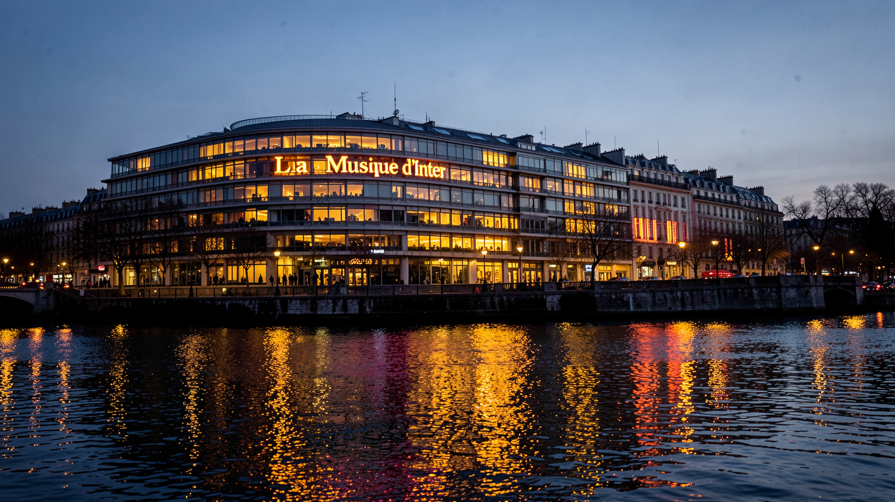 The Maison de la Radio in Paris glowing at dusk with a sign reading La Musique d'Inter