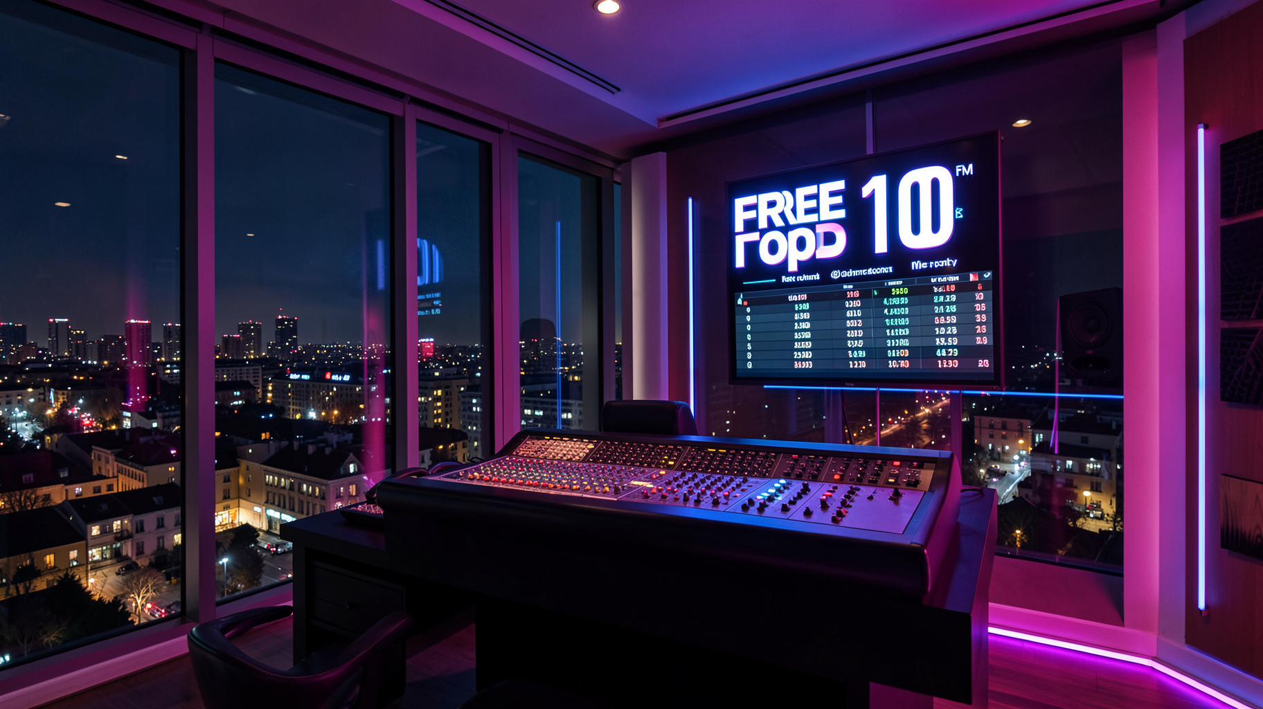 A sleek Madrid radio studio at night with a glowing Free FM Top 100 chart countdown screen