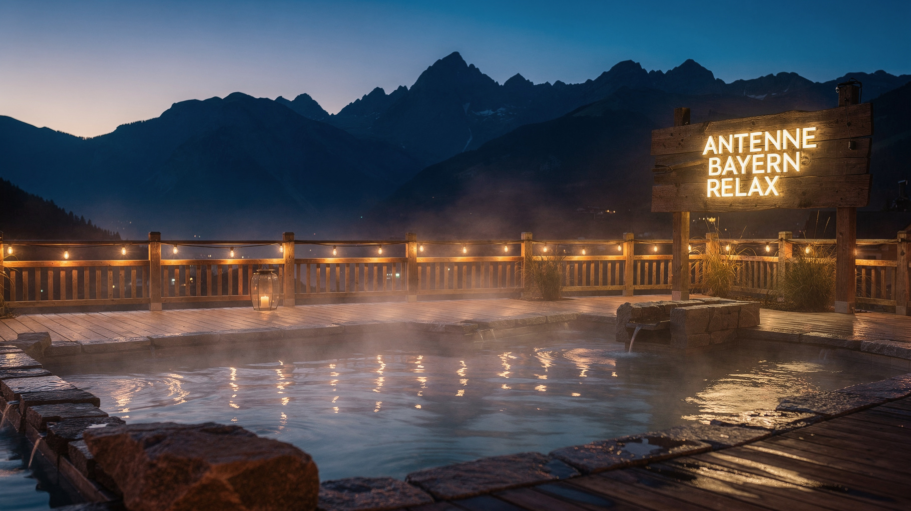 A serene Bavarian alpine thermal spa at dusk with steam rising off the water, representing the calm mood of Antenne Bayern Relax