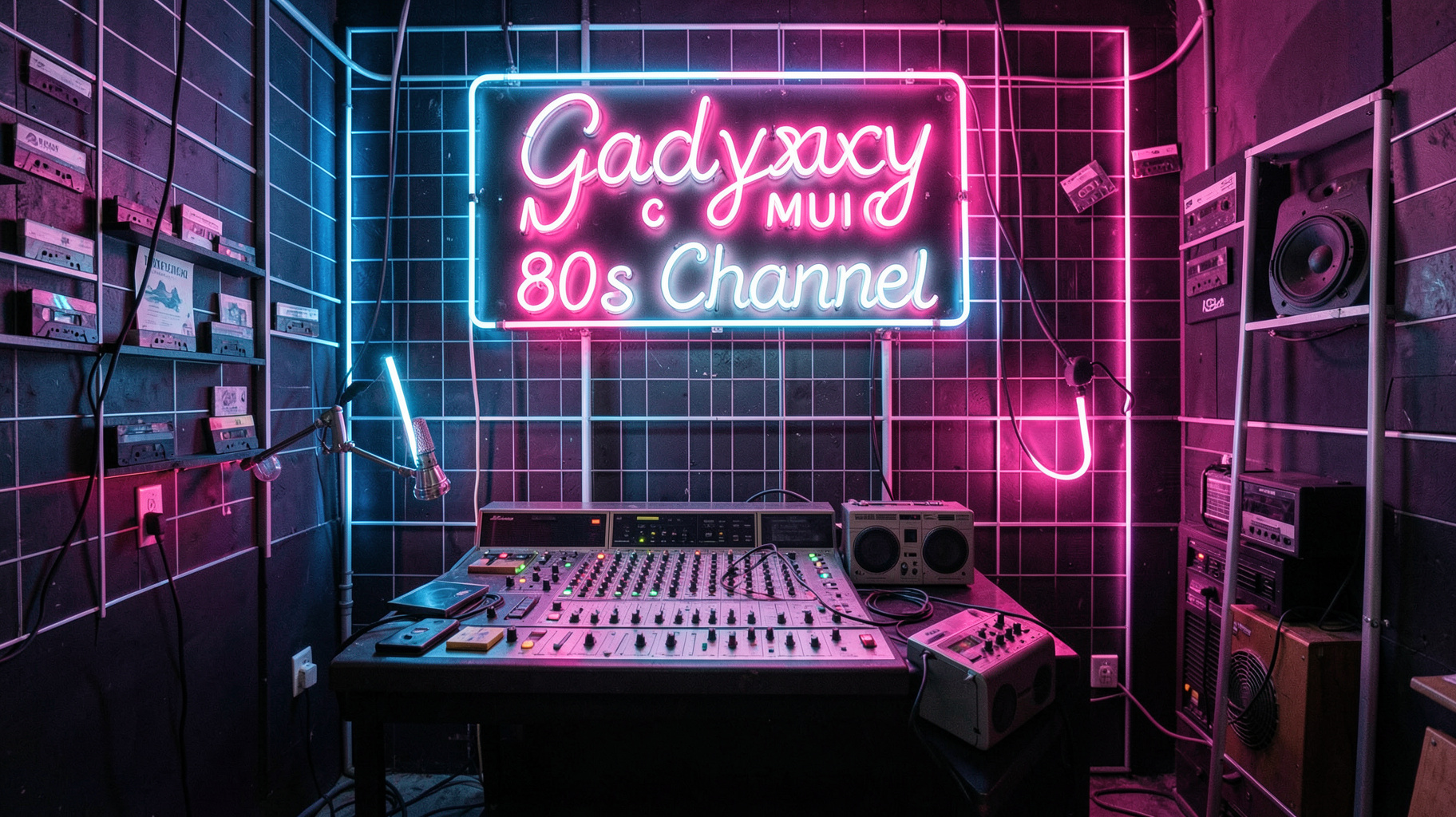 A retro synth-wave radio studio in Thessaloniki with a sign reading Galaxy Music 80s Channel