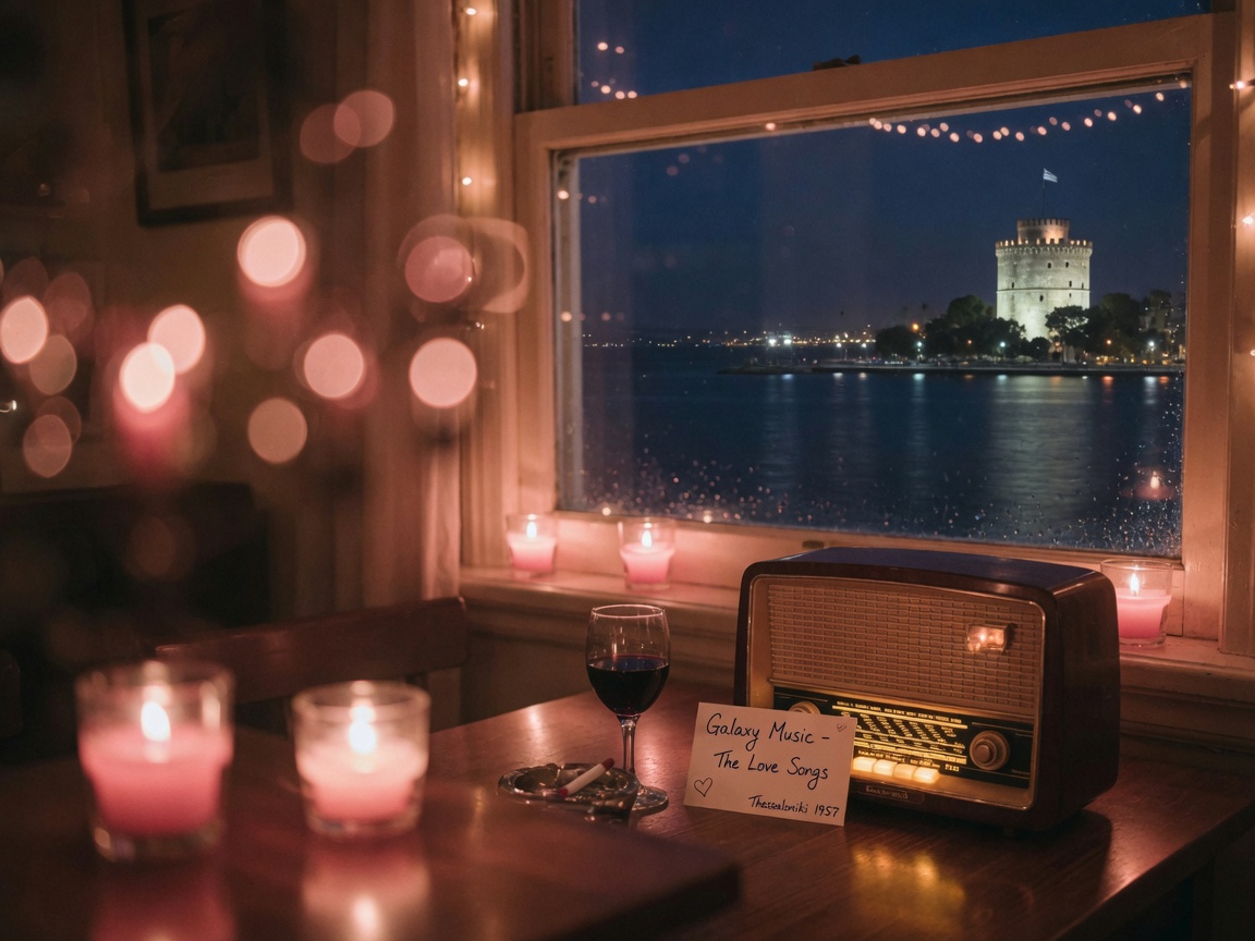 Candlelit room in Thessaloniki with a vintage radio glowing warmly beside a window