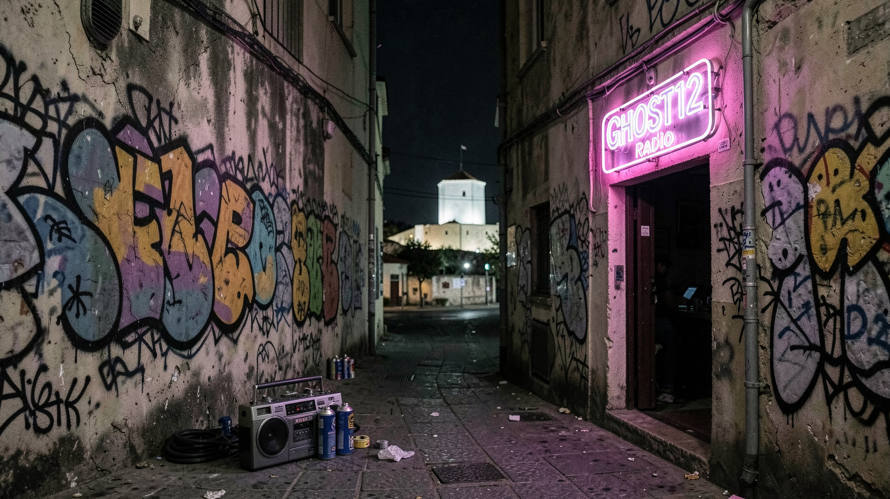 A Thessaloniki street at night with hip-hop graffiti and a neon sign reading Ghost12 Radio
