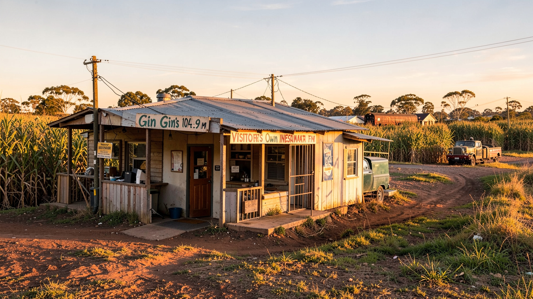 Sugar cane fields outside Gin Gin, Queensland with a small community radio studio signed Gin Gin