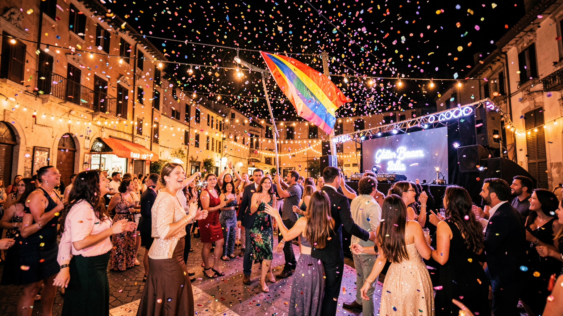 A Pride celebration dance floor at night in an Italian piazza with a DJ booth sign reading GlitterBeam Italia