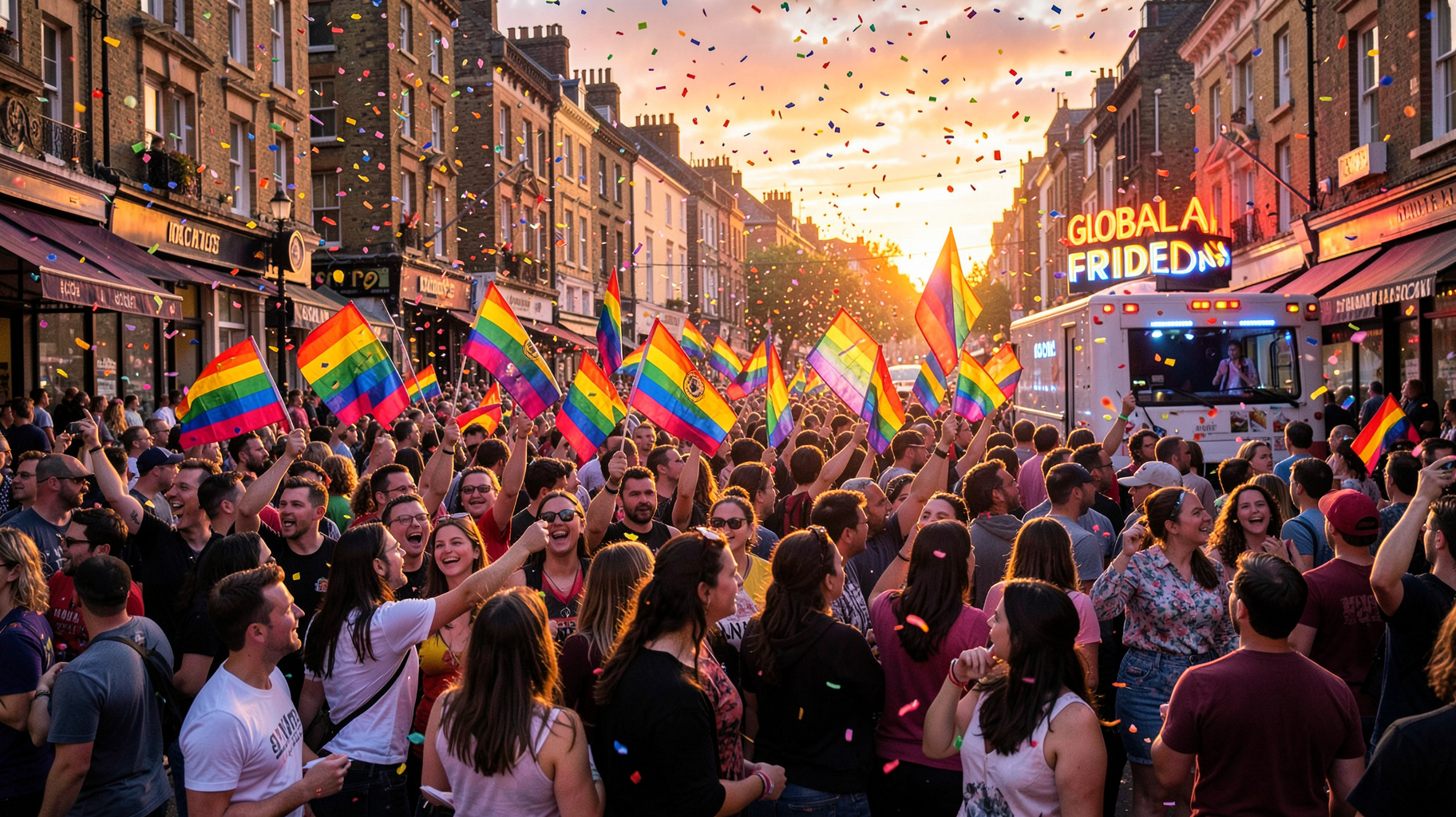 A joyful Pride parade crowd on a London street at sunset with rainbow flags and a radio truck sign reading Global Pride