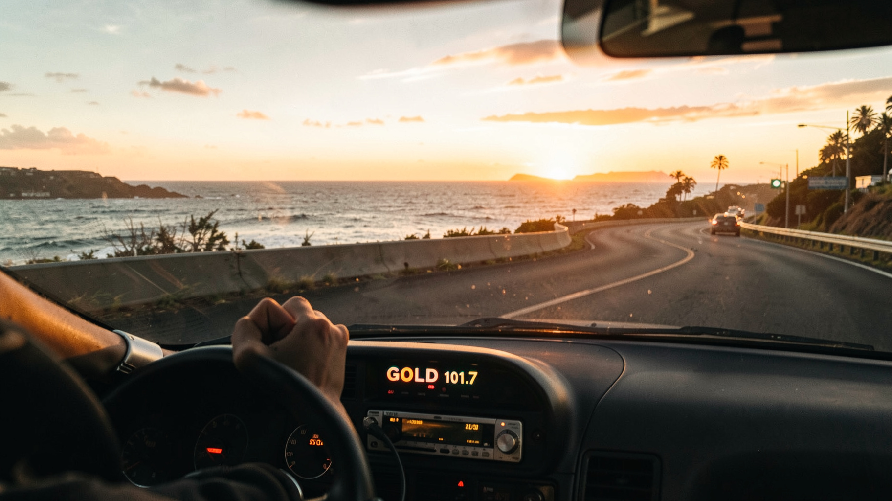 A sunset drive along a Sydney coastal road with a car radio glowing on the dashboard
