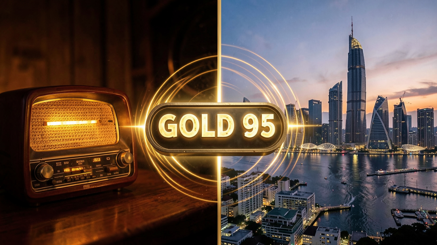 A vintage radio glowing beside the modern Singapore skyline, connected by golden sound waves under a sign reading GOLD 905