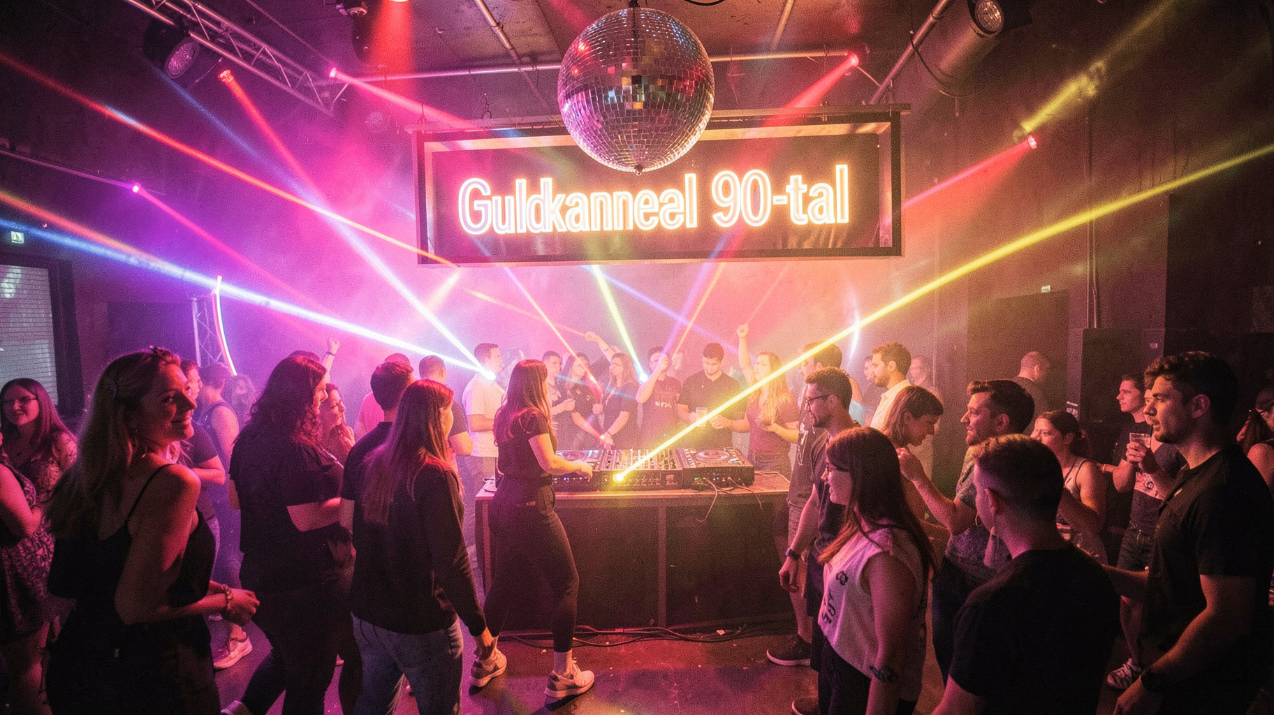 A retro 1990s Swedish nightclub dancefloor with neon lights and a sign reading Guldkanalen 90-tal, inspired by Guldkanalen 90-tal radio station