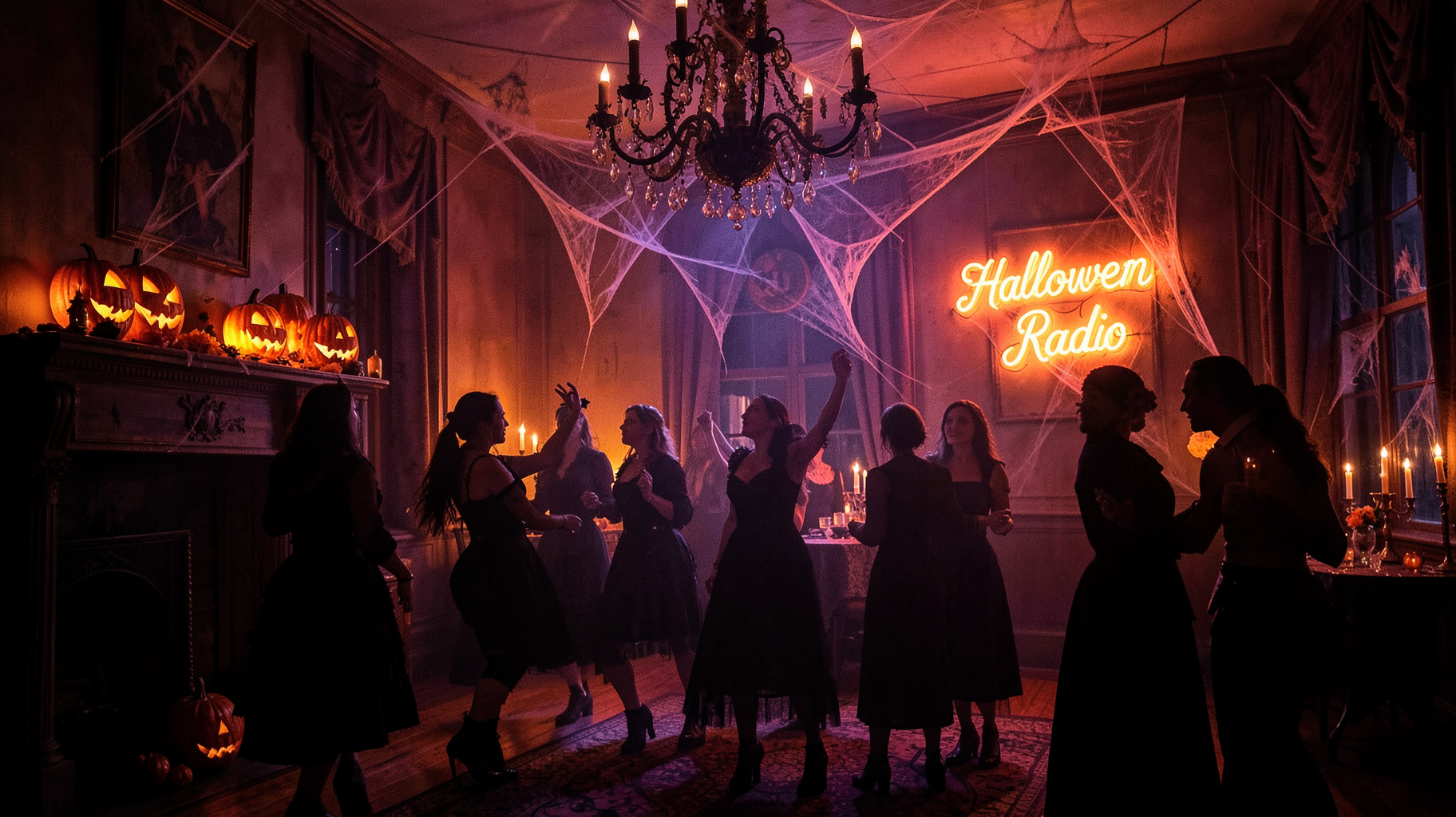A spooky Halloween mansion ballroom party at night with a neon sign reading Halloween Radio