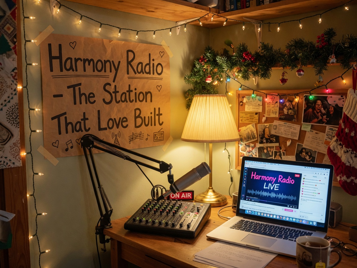 A cozy home broadcasting studio evoking Harmony Radio's origins