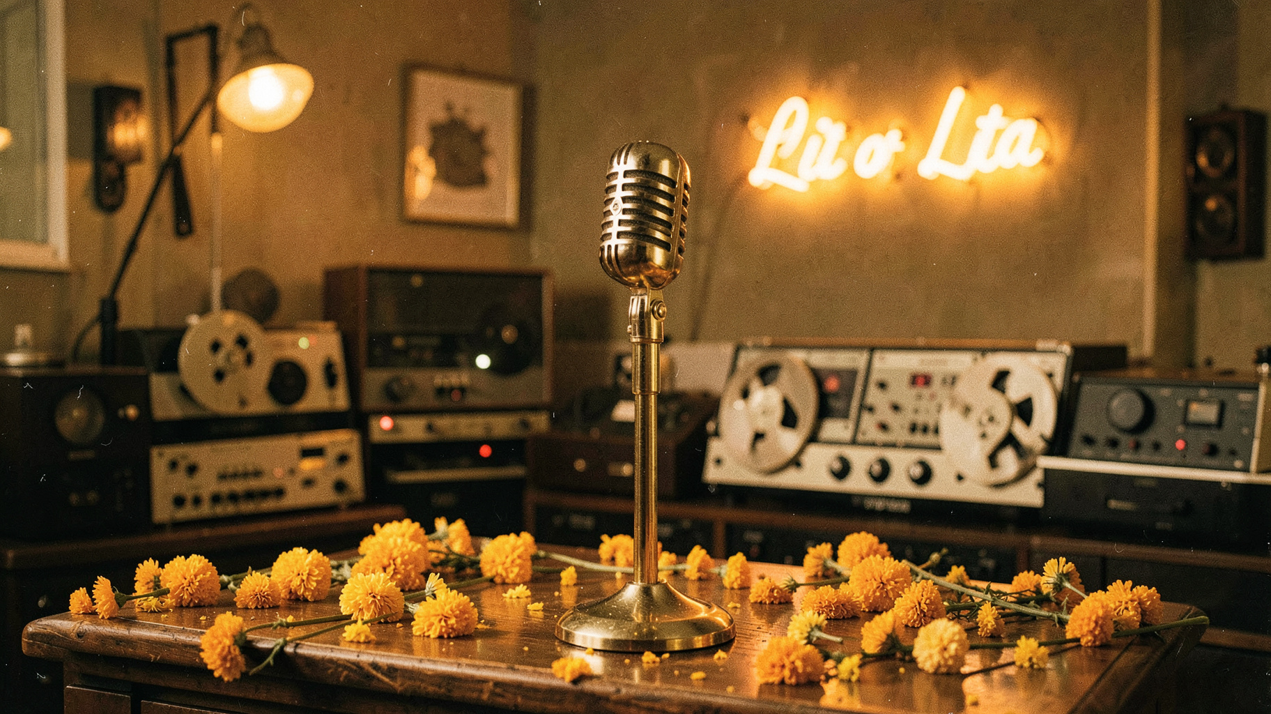A vintage 1960s Bollywood recording studio with a gold microphone and a neon sign reading Hit of Lata, inspired by Hit of Lata radio station