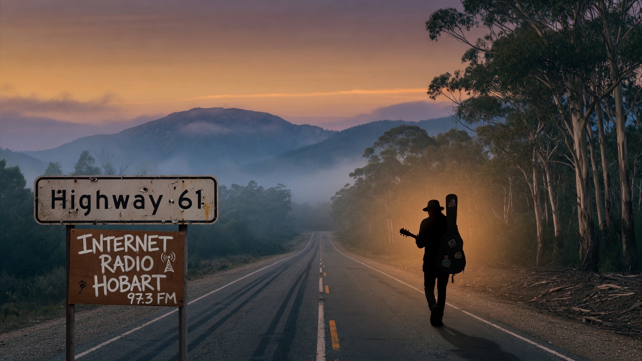 A lone highway through the Tasmanian wilderness at dusk with a road sign reading Highway 61