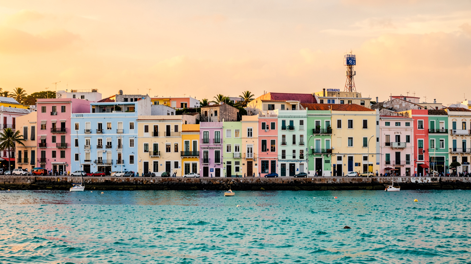 Colorful waterfront buildings of Willemstad, Curacao at sunset