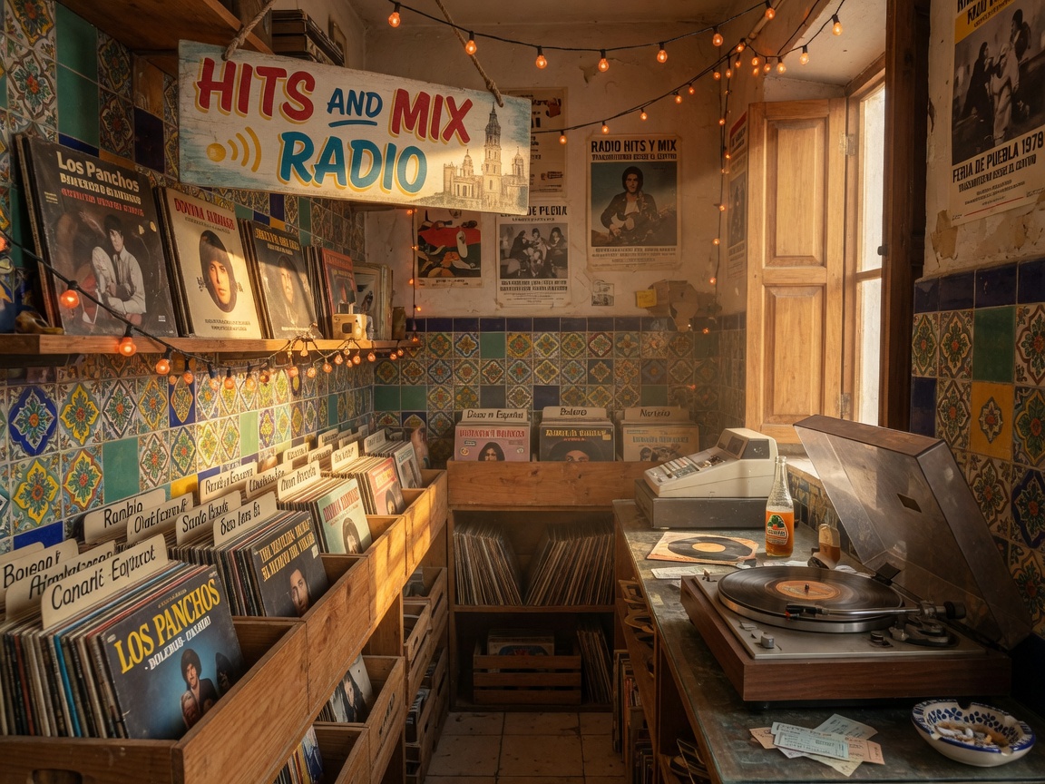 Vintage record shop scene inspired by HITS AND MIX RADIO 3 in Puebla, Mexico