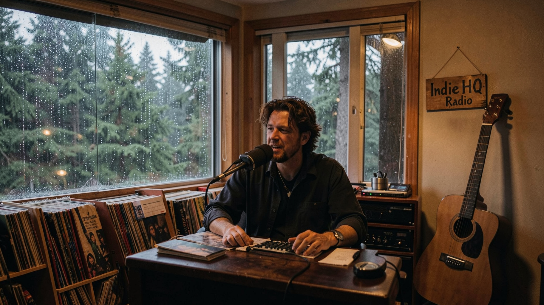 A cozy home radio studio in Everett Washington with a sign reading IndieHQ Radio