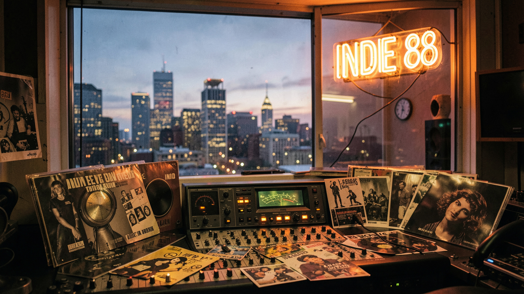 A Toronto radio studio at dusk with a neon sign reading Indie 88 glowing above a mixing console