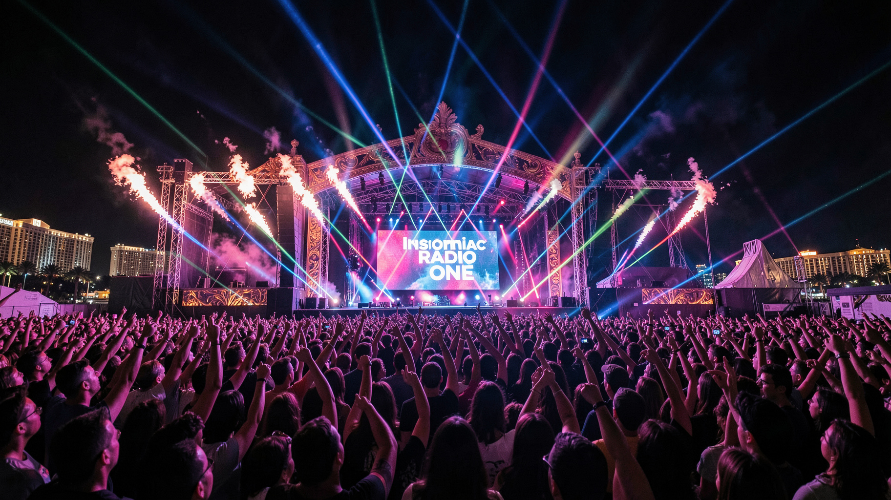 A massive nighttime dance festival crowd with a screen reading Insomniac Radio ONE