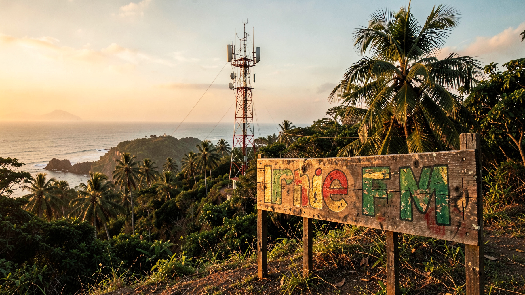 A Jamaican hillside radio tower at sunrise overlooking the Caribbean Sea
