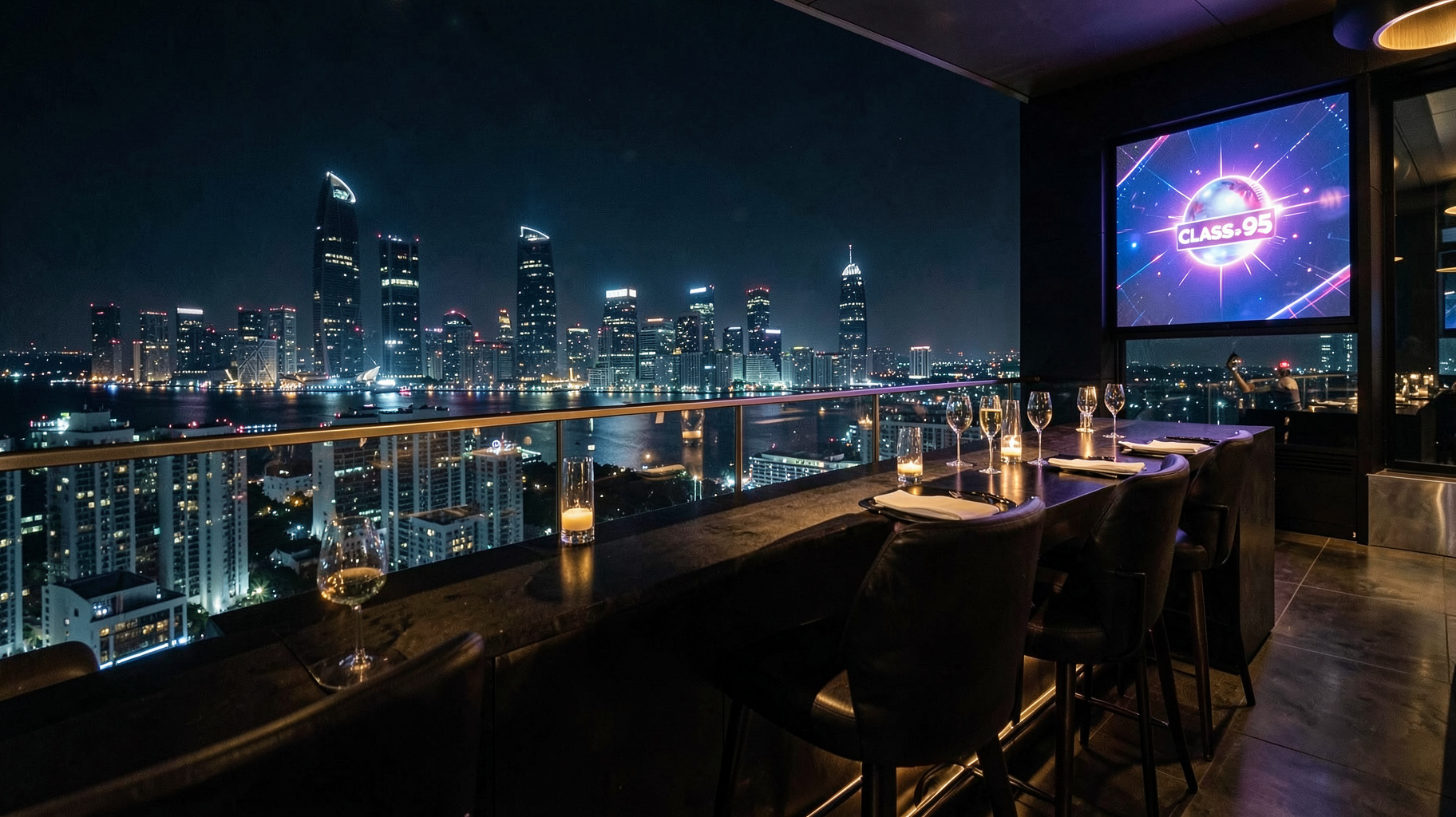 An upscale Singapore rooftop bar at night overlooking Marina Bay with a screen reading Class 95