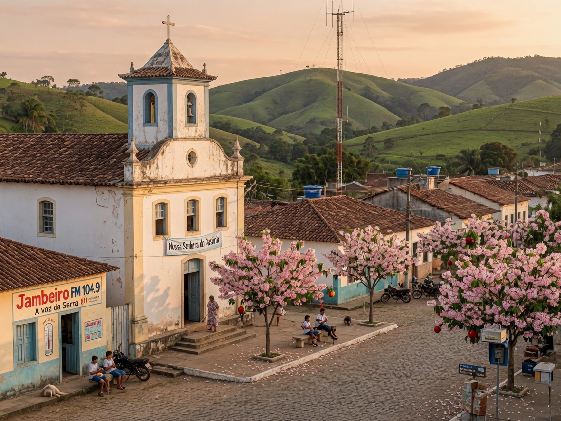 A small chapel and town square in Jambeiro, Brazil, evoking JAMBEIRO FM 104.9