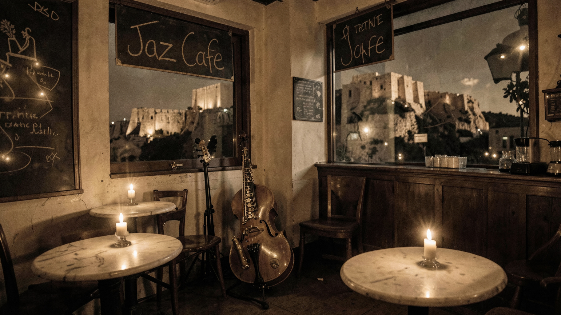Intimate Athens jazz cafe interior with candlelight and Acropolis silhouette