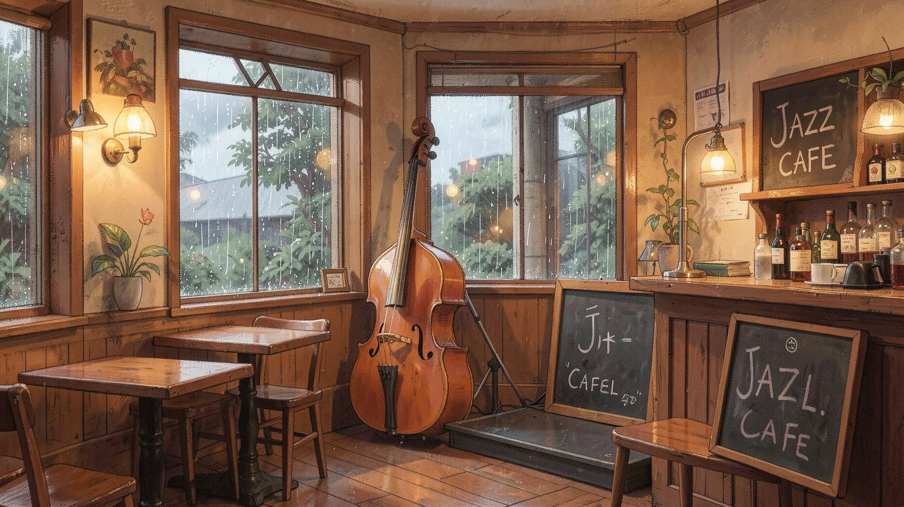 A warm and cozy small jazz cafe interior in Auckland, New Zealand with a double bass near a small stage