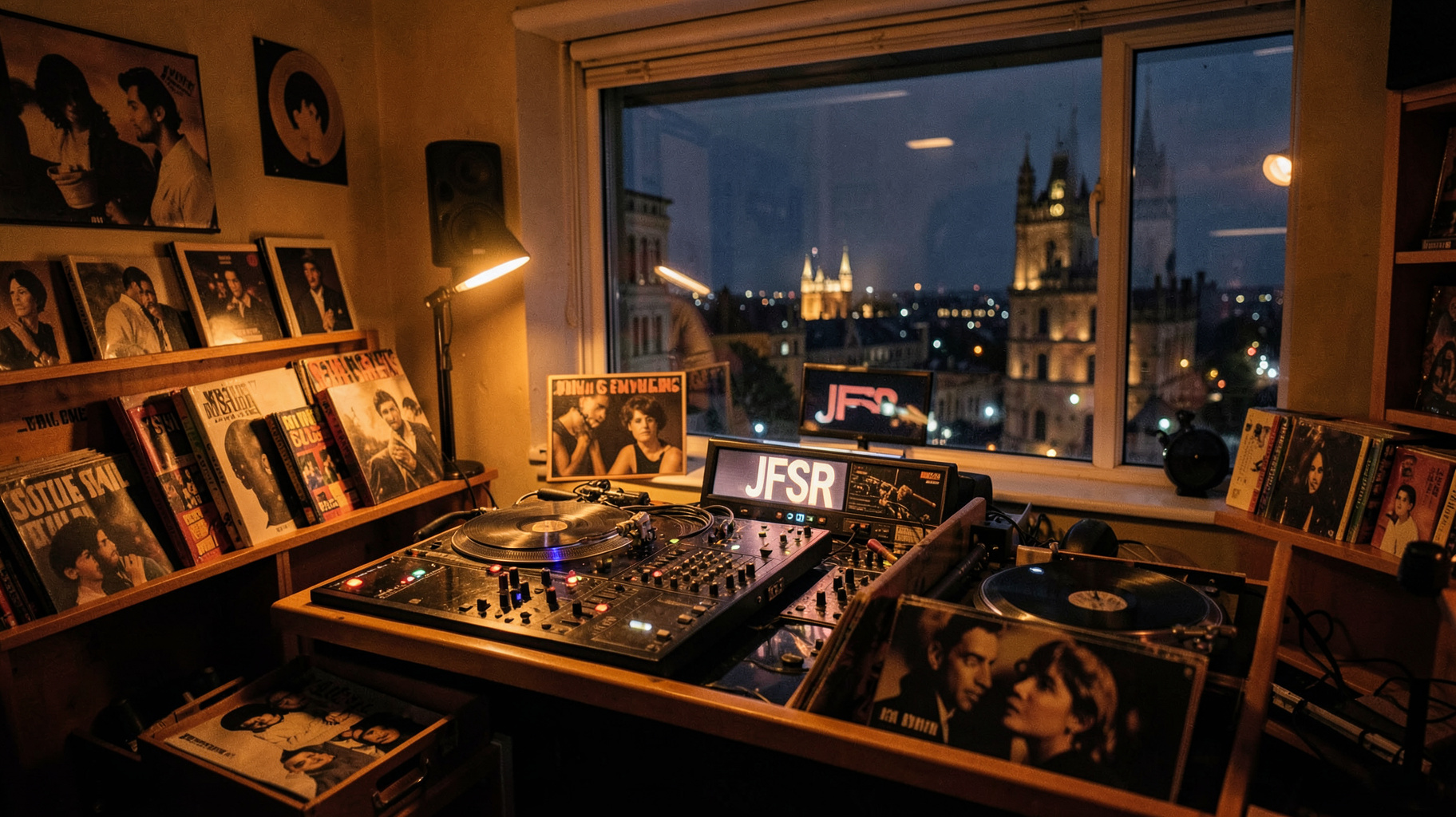 A cozy UK radio studio at night with a DJ mixing on turntables surrounded by crates of soul and funk vinyl records