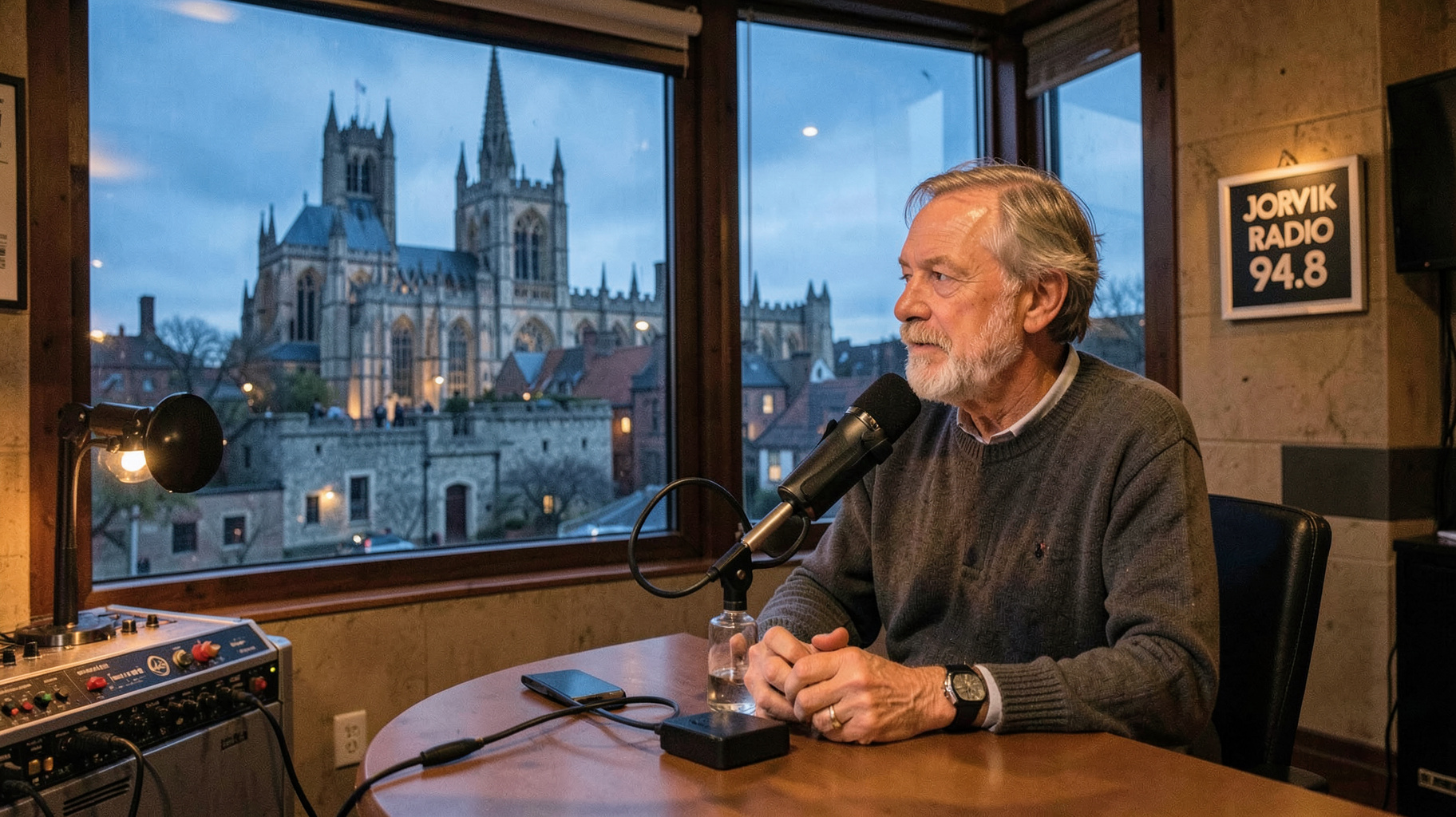 A community radio studio in York with the city visible at dusk through the window