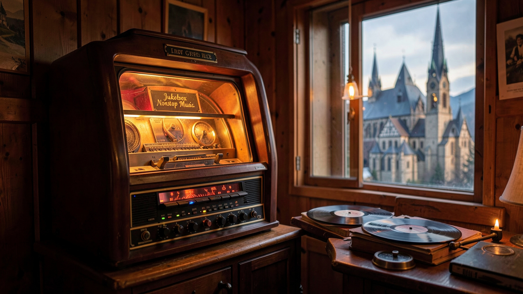 A glowing vintage jukebox in a wood-paneled Swiss room with St. Gallen