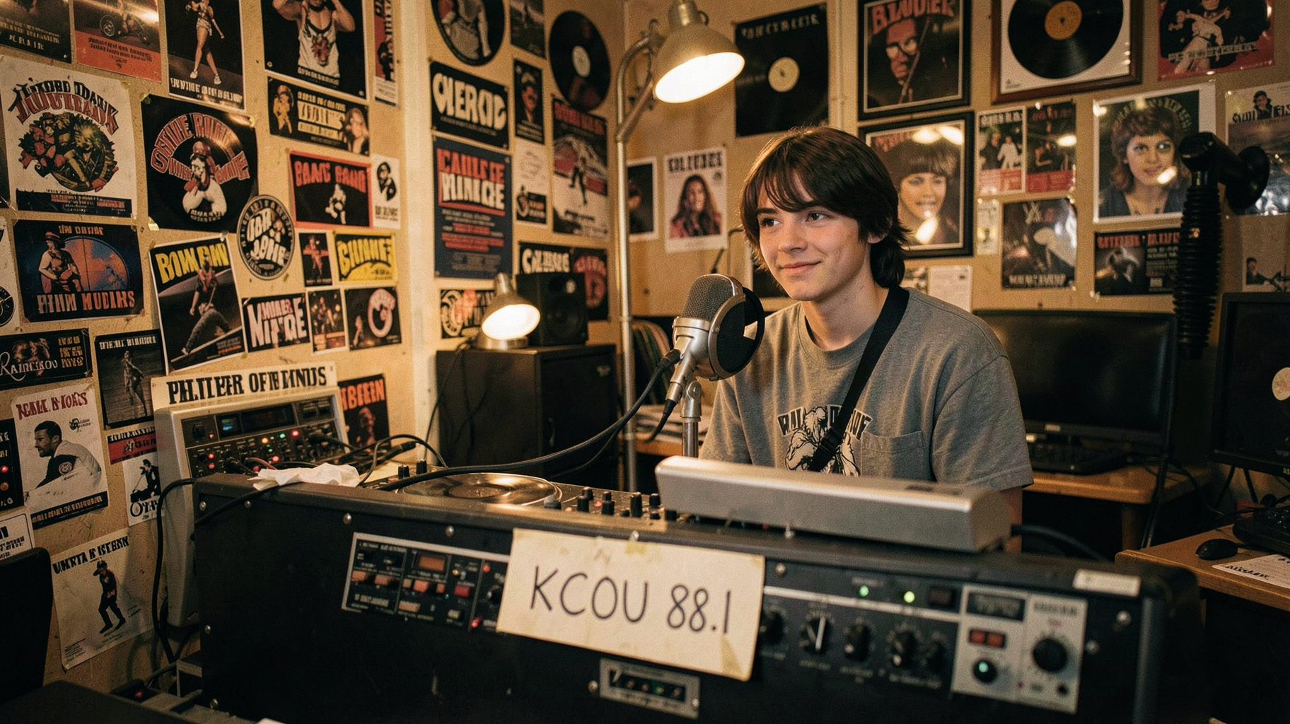 Cluttered college radio studio with a KCOU 88.1 sign taped to the mixing board
