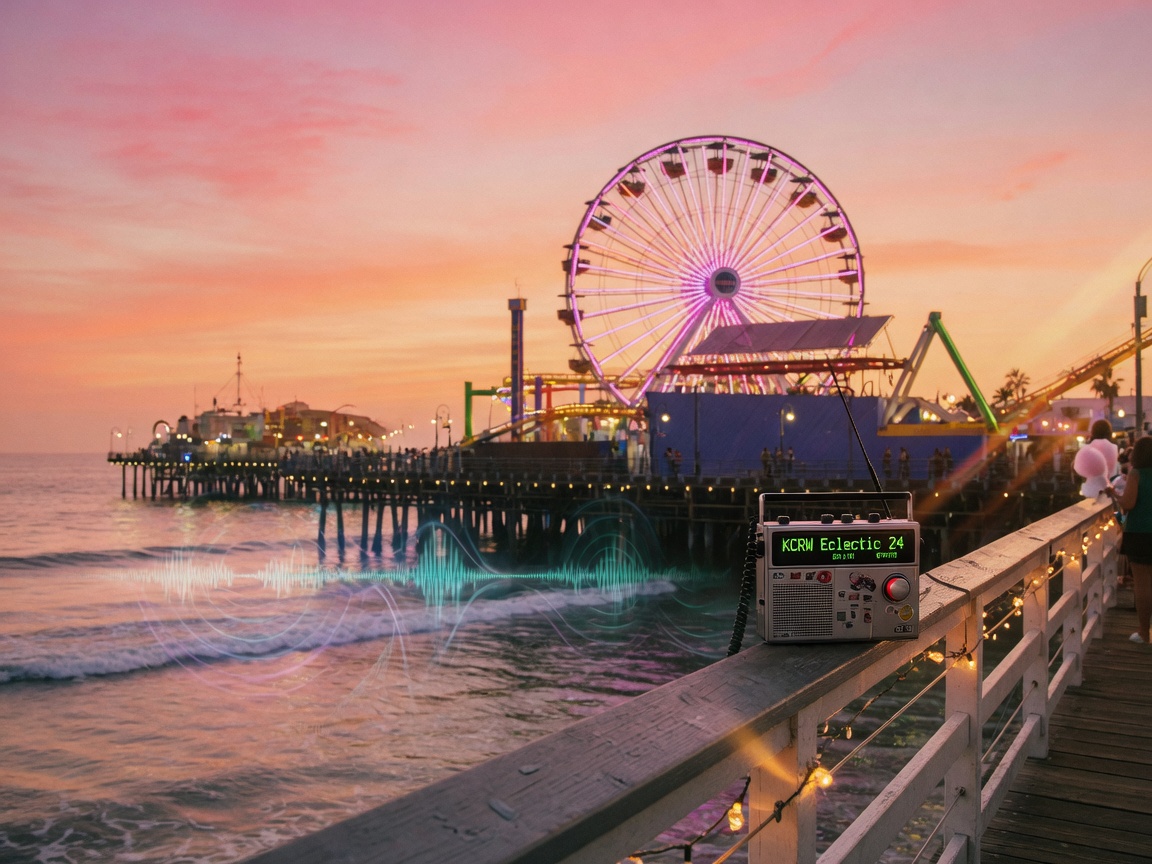 The Santa Monica Pier at golden hour with a vintage radio displaying KCRW Eclectic 24
