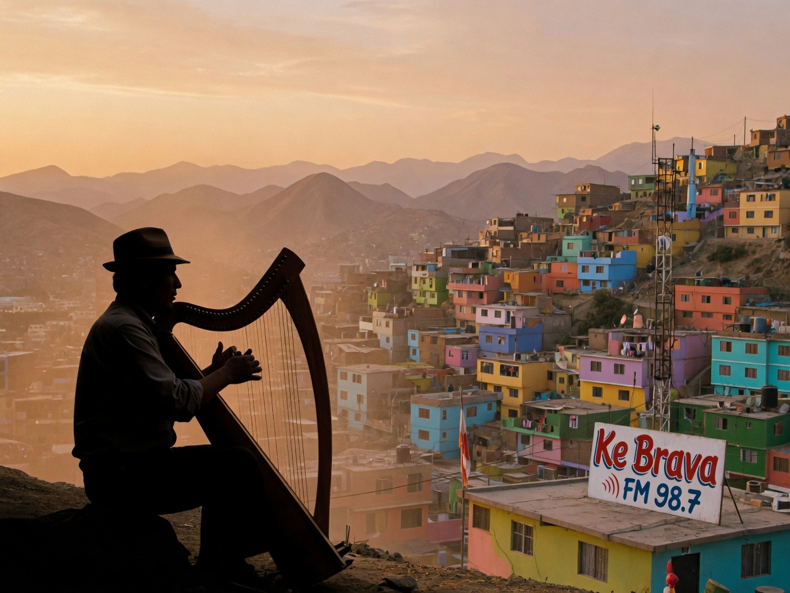 An Andean harp player silhouetted at golden hour on a hillside overlooking the colorful houses of San Juan de Lurigancho, Lima, Peru
