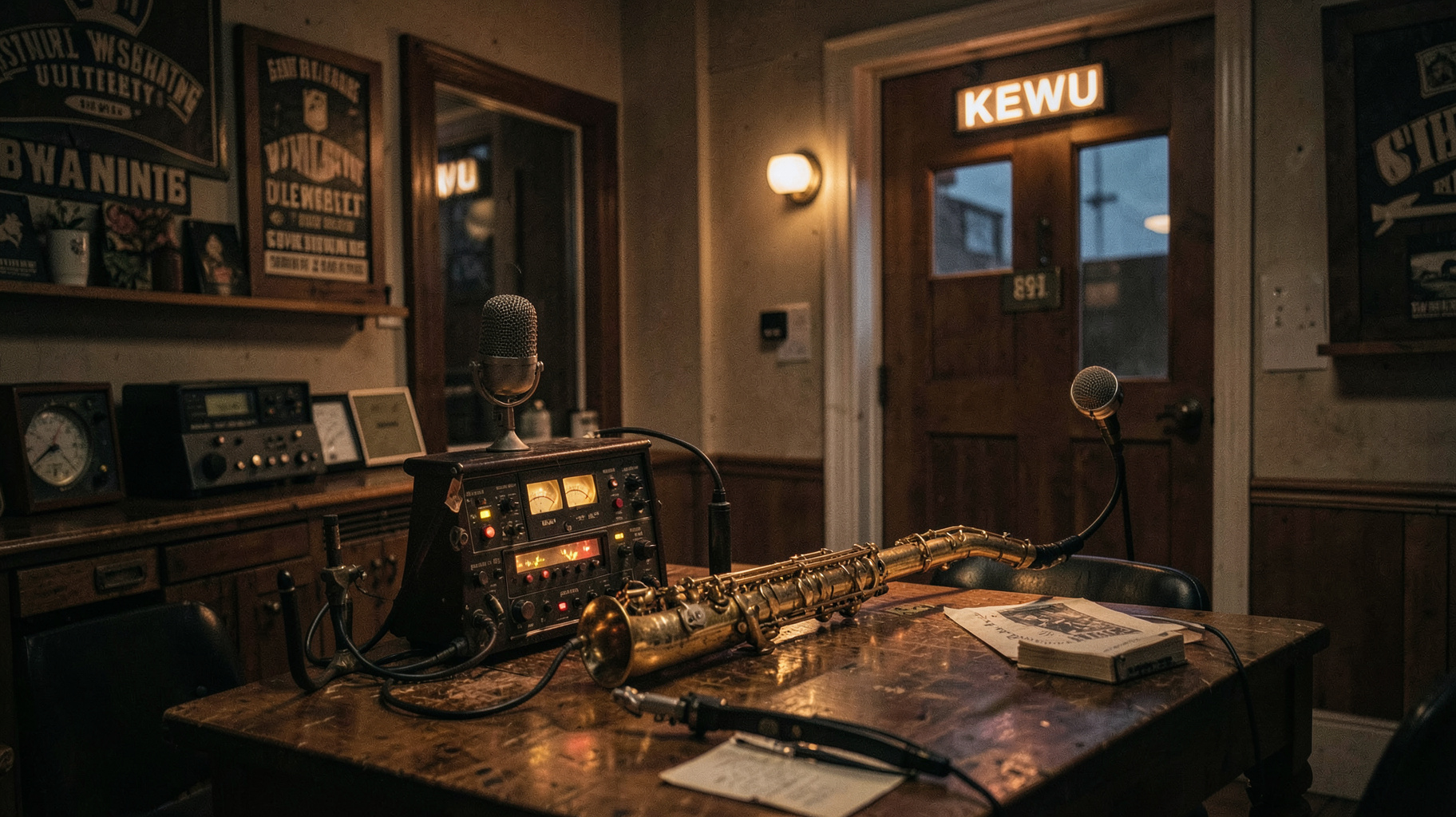 Vintage university radio studio with saxophone and glowing VU meters, KEWU 89.5 on-air light above the door