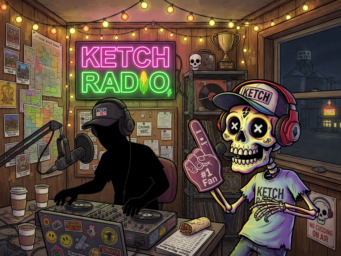 Illustration of a casual radio DJ booth inspired by Ketch Radio