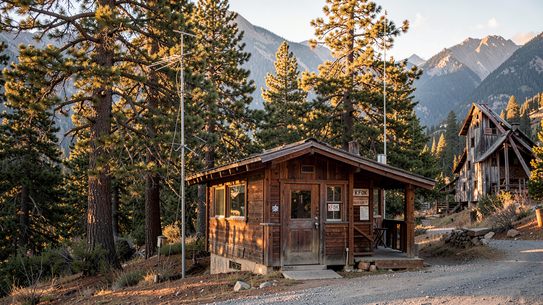 A small wooden community radio station in the Sierra Nevada foothills with a sign reading KFOK