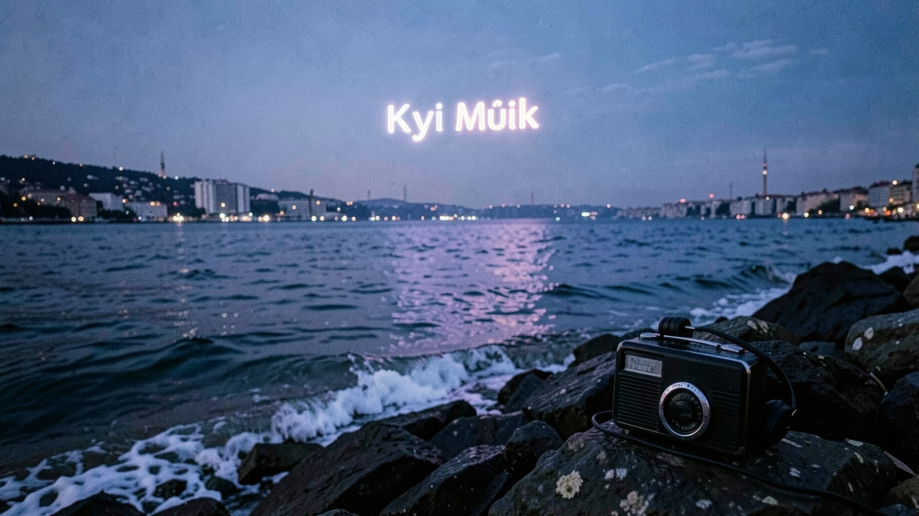 A moody nighttime Bosphorus shoreline with a vintage radio and headphones, evoking Kıyı Müzik