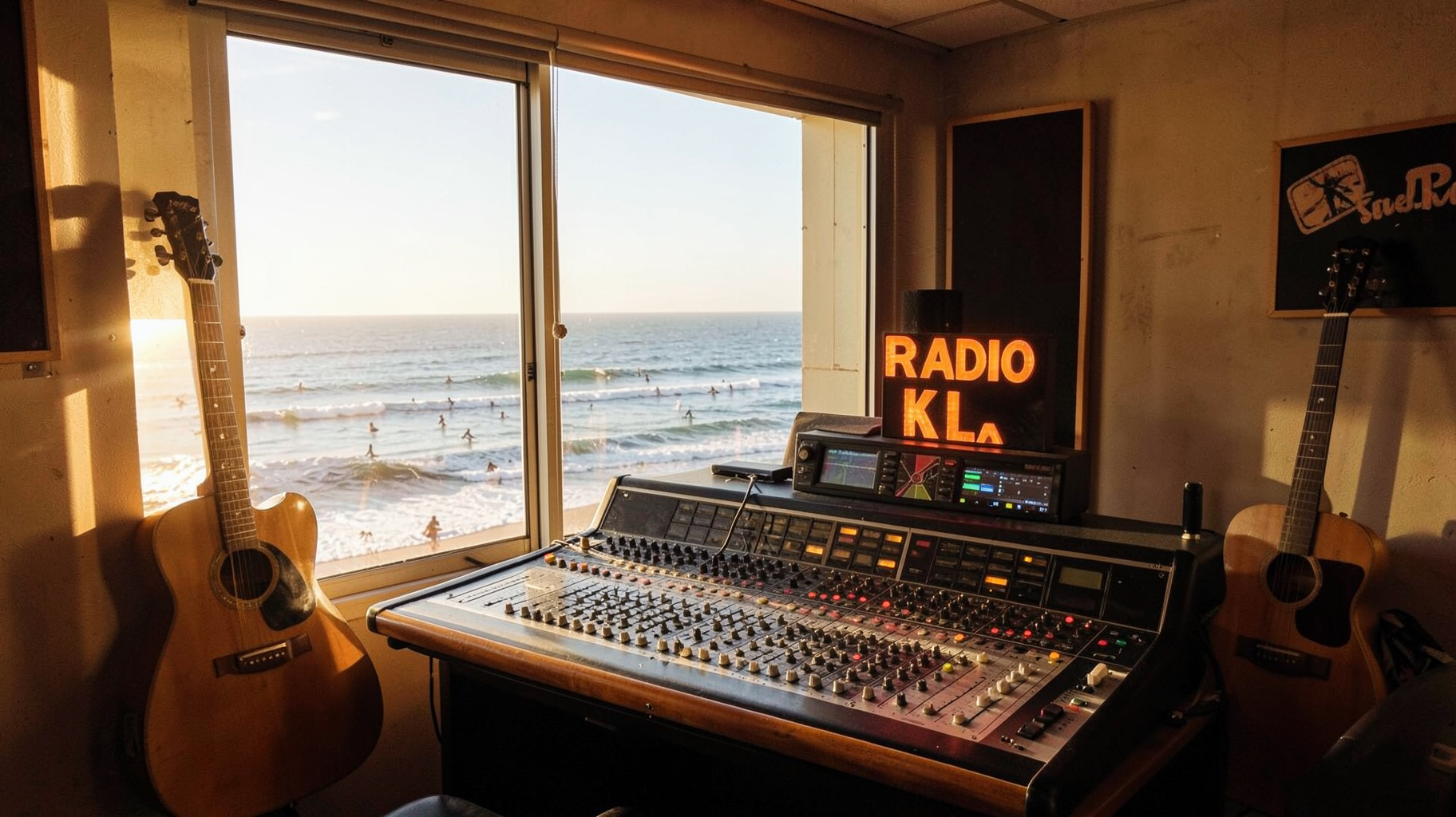 A sunlit radio studio in Mar del Plata overlooking the Atlantic coastline with surfers in the distance and a glowing Radio KLA sign