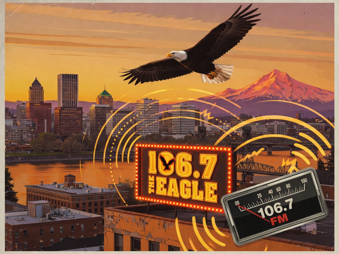 Portland skyline at sunset with an eagle soaring and retro radio waves, representing KLTH 106.7 The Eagle