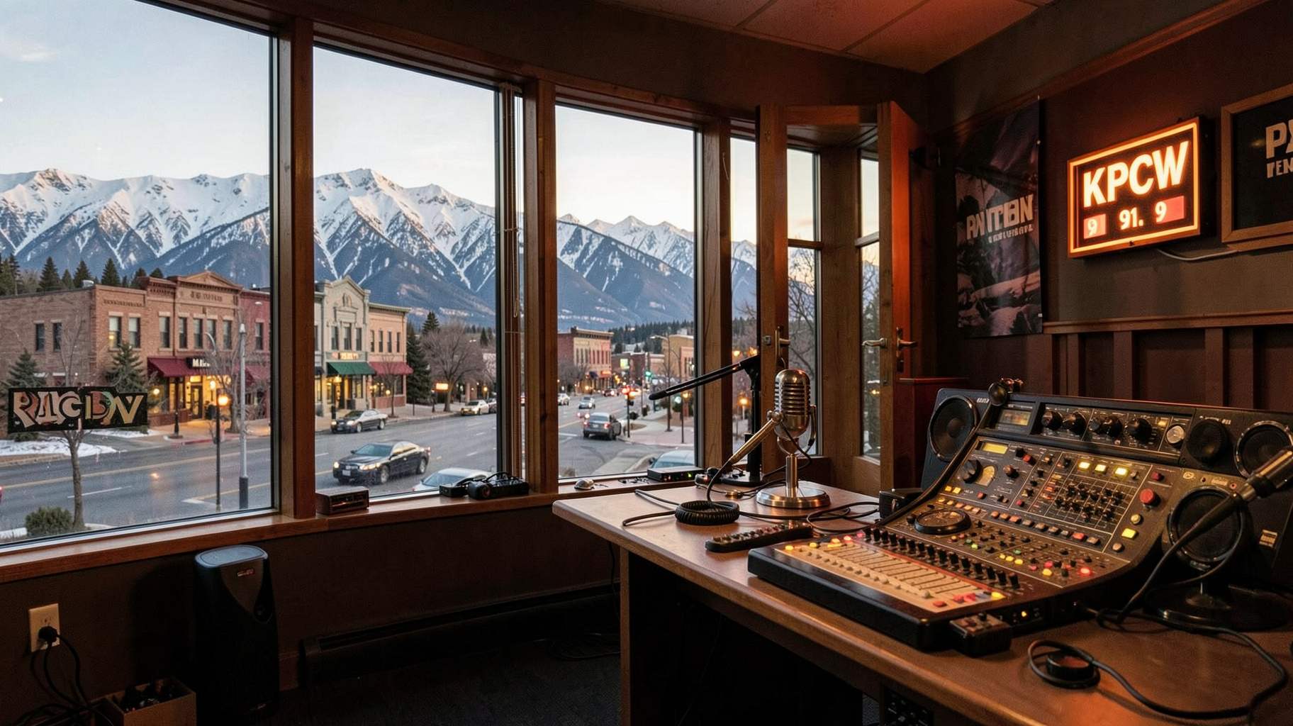 A public radio studio with floor-to-ceiling windows overlooking Park City, Utah, with a glowing sign reading KPCW 91.9