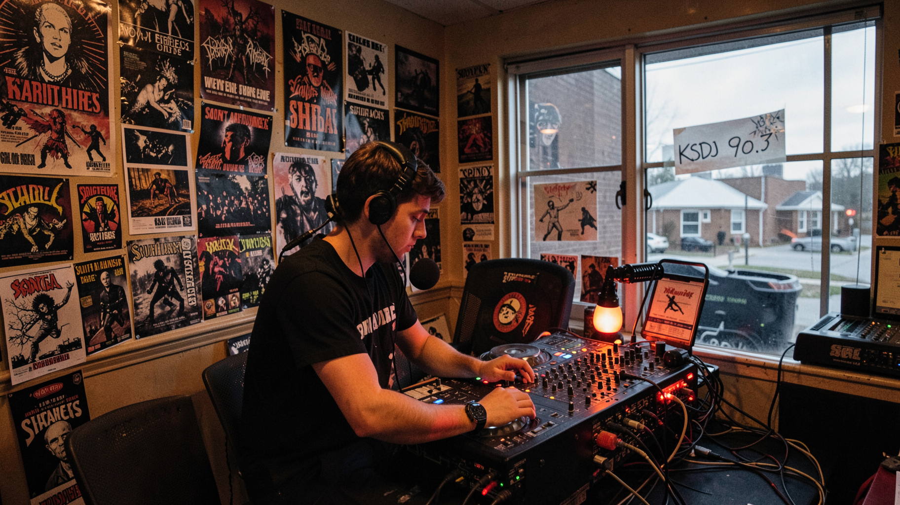 A college radio studio covered in band posters with a handwritten sign reading KSDJ 90.7