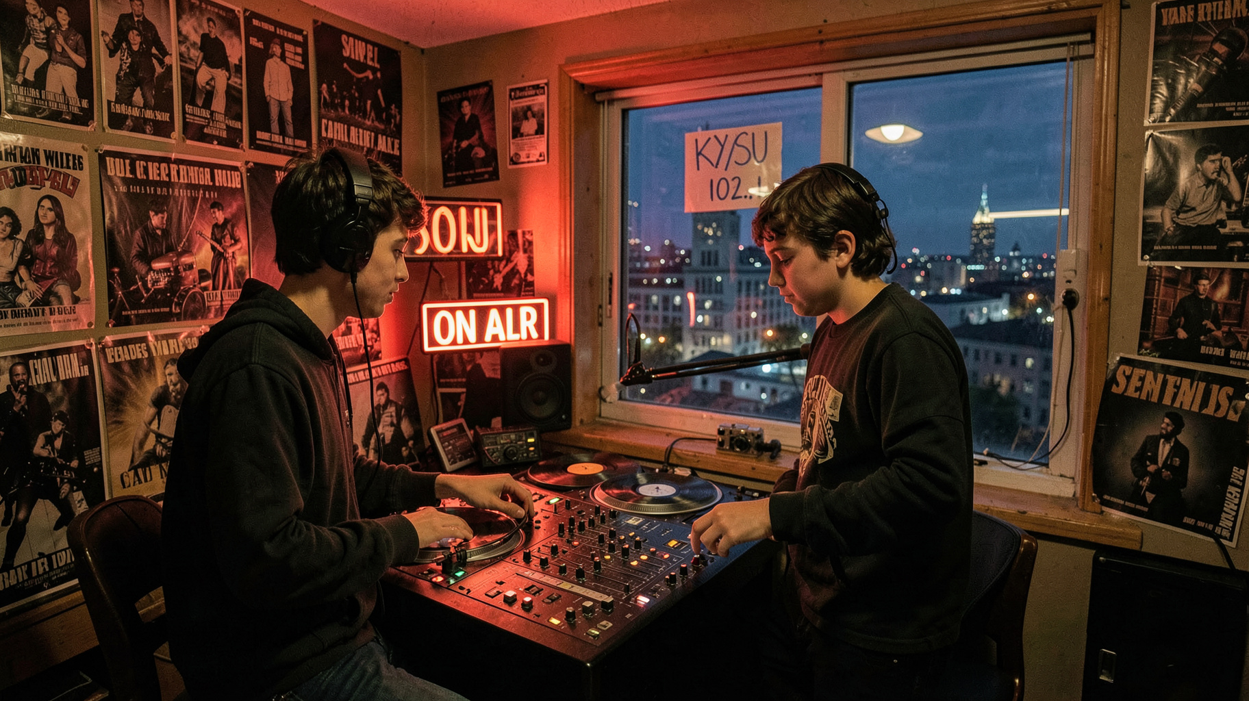 A basement college radio studio at night with a KXSU 102.1 sign on the glass