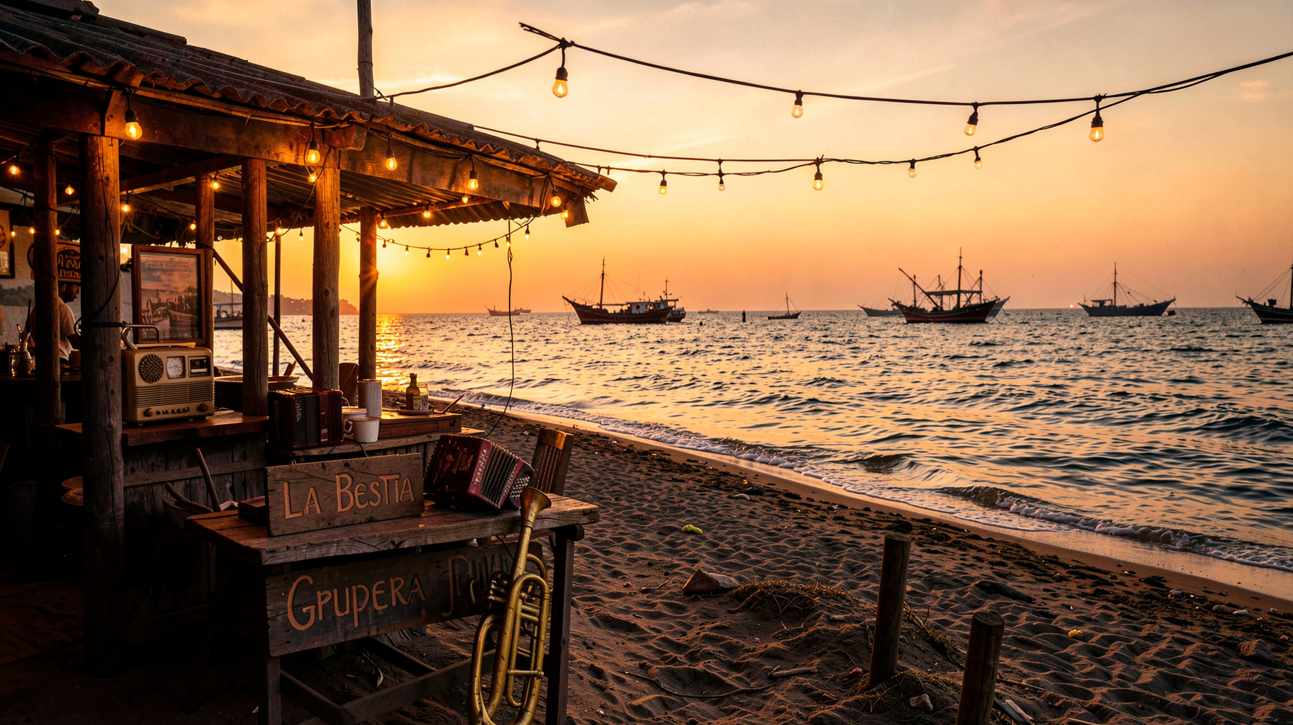 Sunset over the Sea of Cortez in Puerto Peñasco with a beachside radio and a weathered sign reading La Bestia Grupera