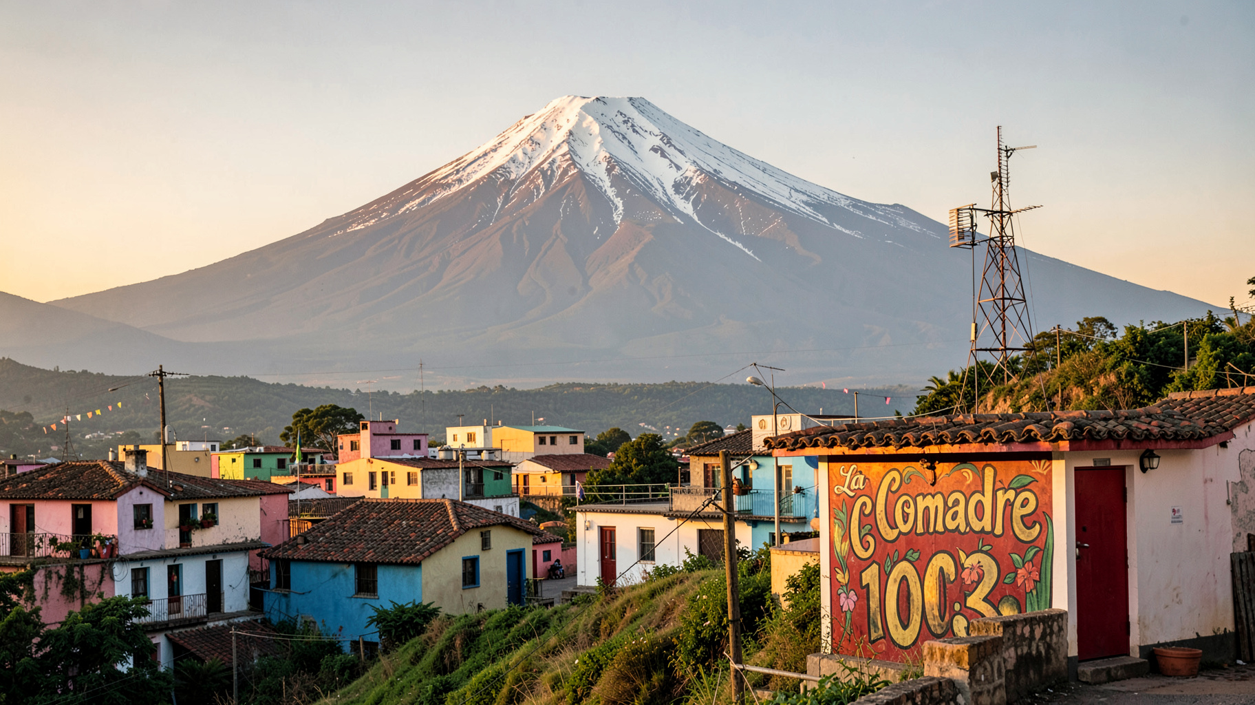 Pico de Orizaba volcano rising above Orizaba, Veracruz with a sign reading La Comadre 100.3