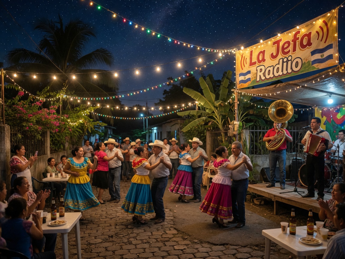 A lively outdoor street dance in a small El Salvador town with a glowing La Jefa Radio banner above the dance floor