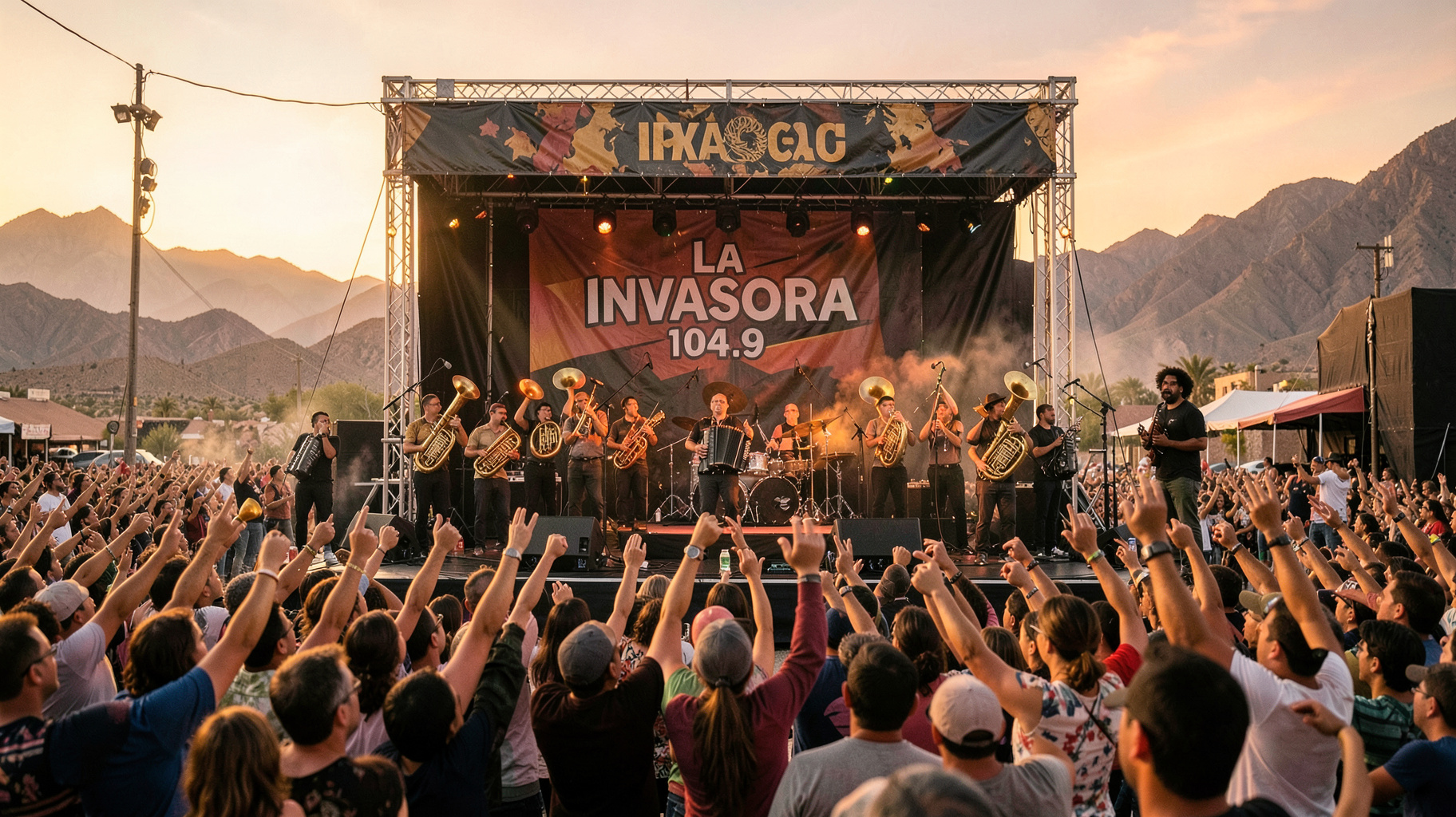 A regional Mexican music concert at sunset near Mexicali with a banner reading La Invasora 104.9