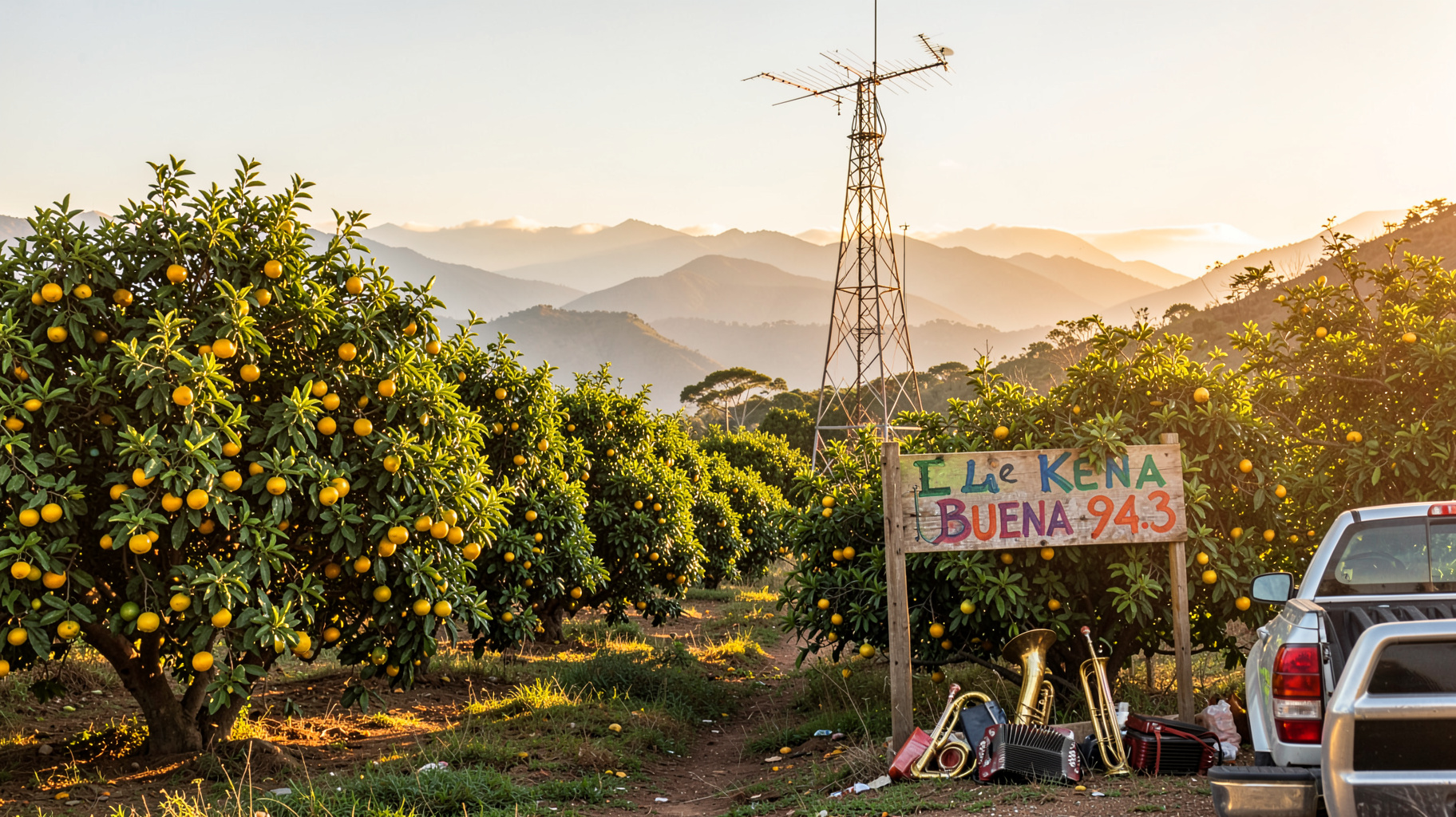 A lime grove in Michoacán's Tierra Caliente valley with a radio antenna and a hand-painted La Ke Buena 94.3 sign