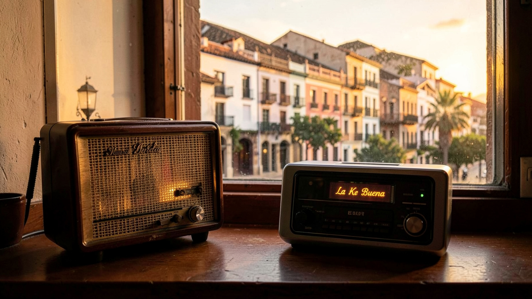 A vintage 1940s radio beside a modern radio on a Mérida windowsill with Paseo de Montejo mansions visible outside