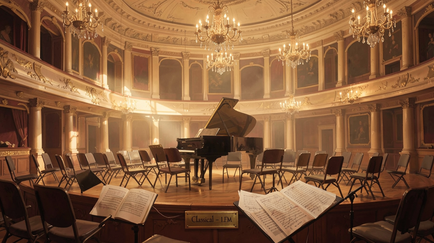 An ornate empty concert hall with a grand piano and a plaque reading Classical 1.FM